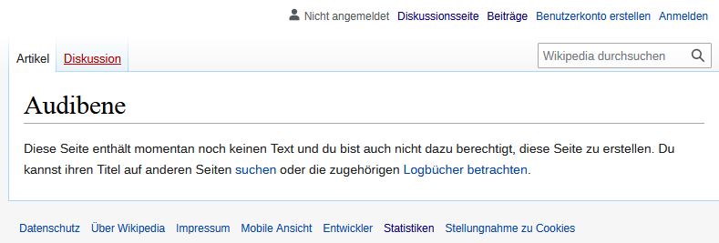 Screenshot von Wikipedia mit der Information, dass der Artikel über Audibene nicht angelegt werden kann