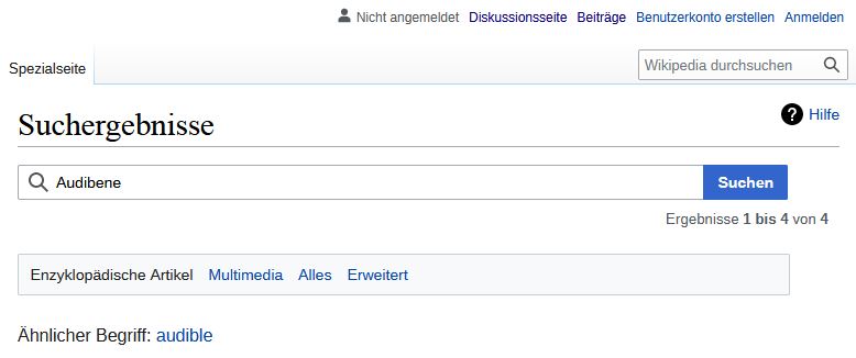 Das Bild zeigt den Screenshot einer Wikipedia-Suche nach Audibene