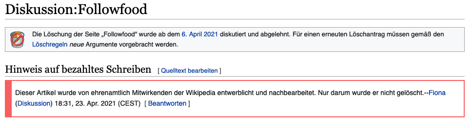 Screenshot von einer Artikeldiskussionsseite auf Wikipedia
