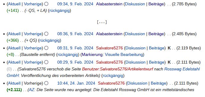 Screenshot aus der Versionsgeschichte des Wikipedia-Artikels „Rosswag“