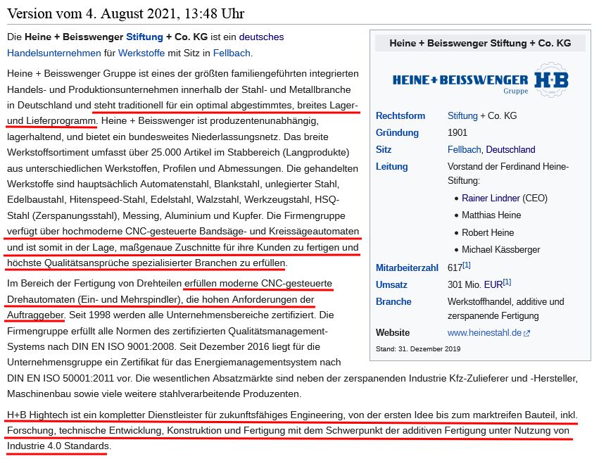 Screenshot aus dem Wikipedia-Artikel zu Heine+Beisswenger, Version vom 4. August 2021, 13:48 Uhr